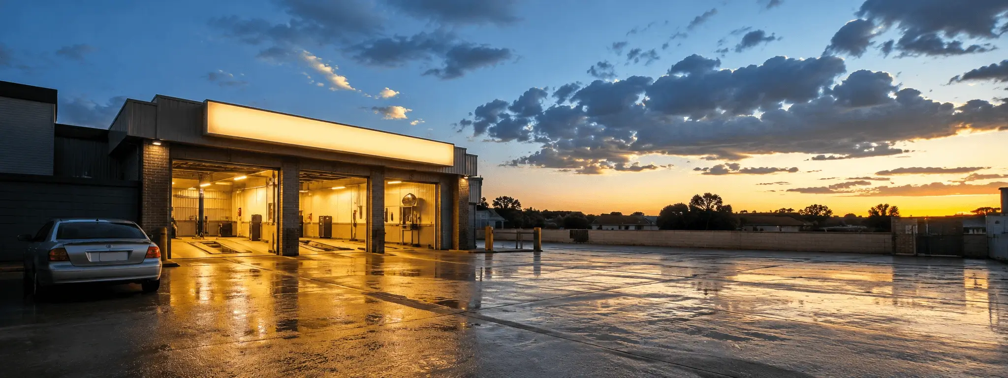 Wide shot of the VTest forecourt at dusk, gold signage lit against the darkening sky