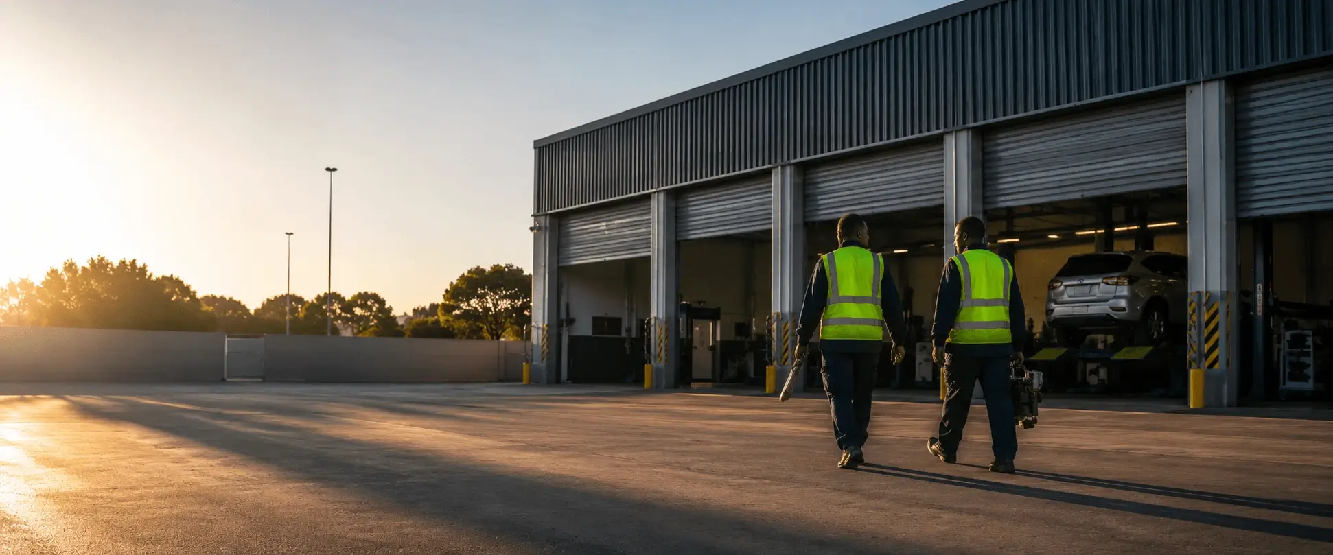 Technicians walking across a testing station forecourt in morning light