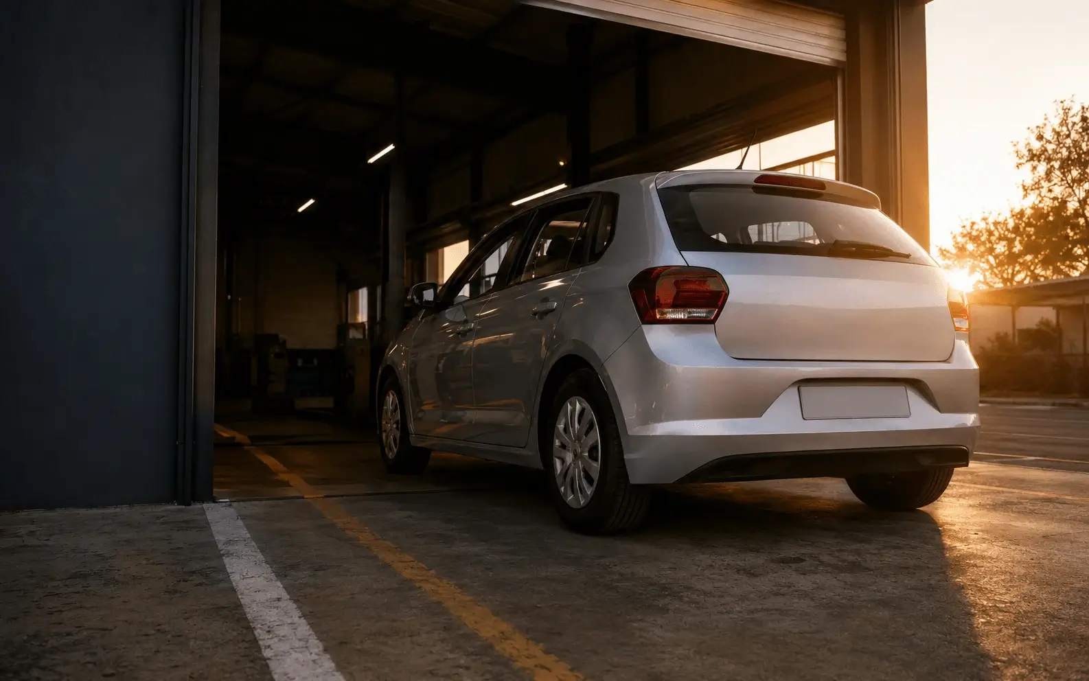 Wide low-angle shot of a customer's car easing into a VTest bay at golden hour, warm rim-light on the bodywork, dim workshop behind it
