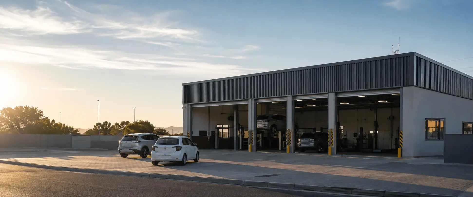 A VTest testing station forecourt seen from the street, roller doors open