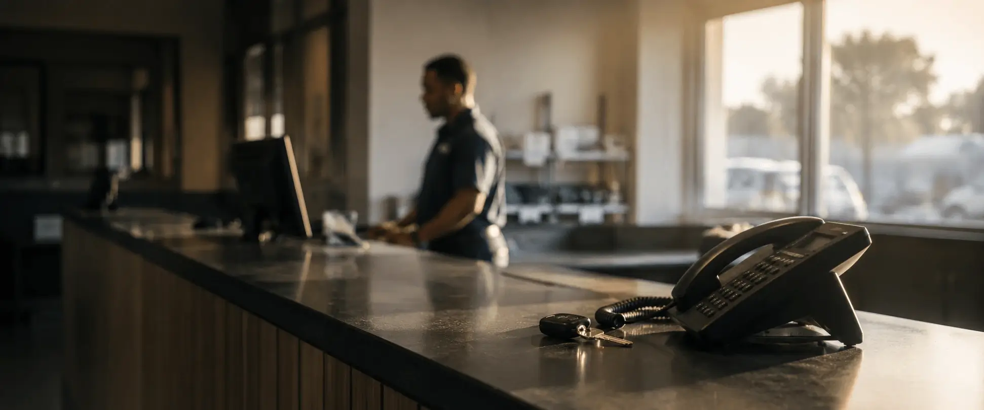 A service counter inside a testing station, warm light from the window