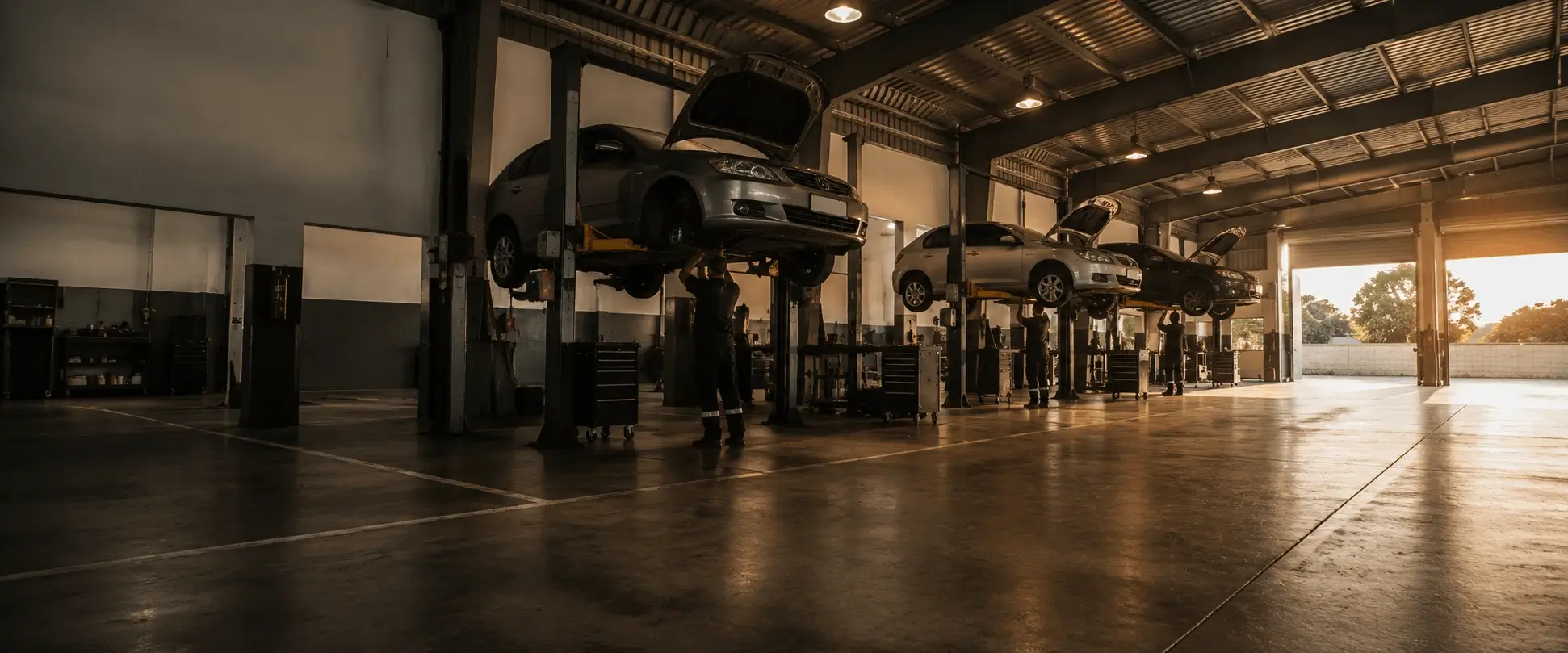 Wide view down a row of open inspection bays with vehicles being worked on