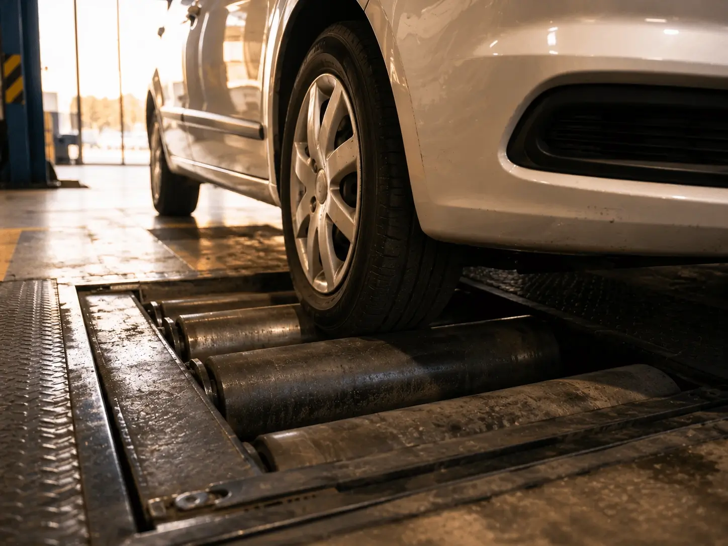A car positioned with its front wheels seated in a roller brake tester set into the workshop floor