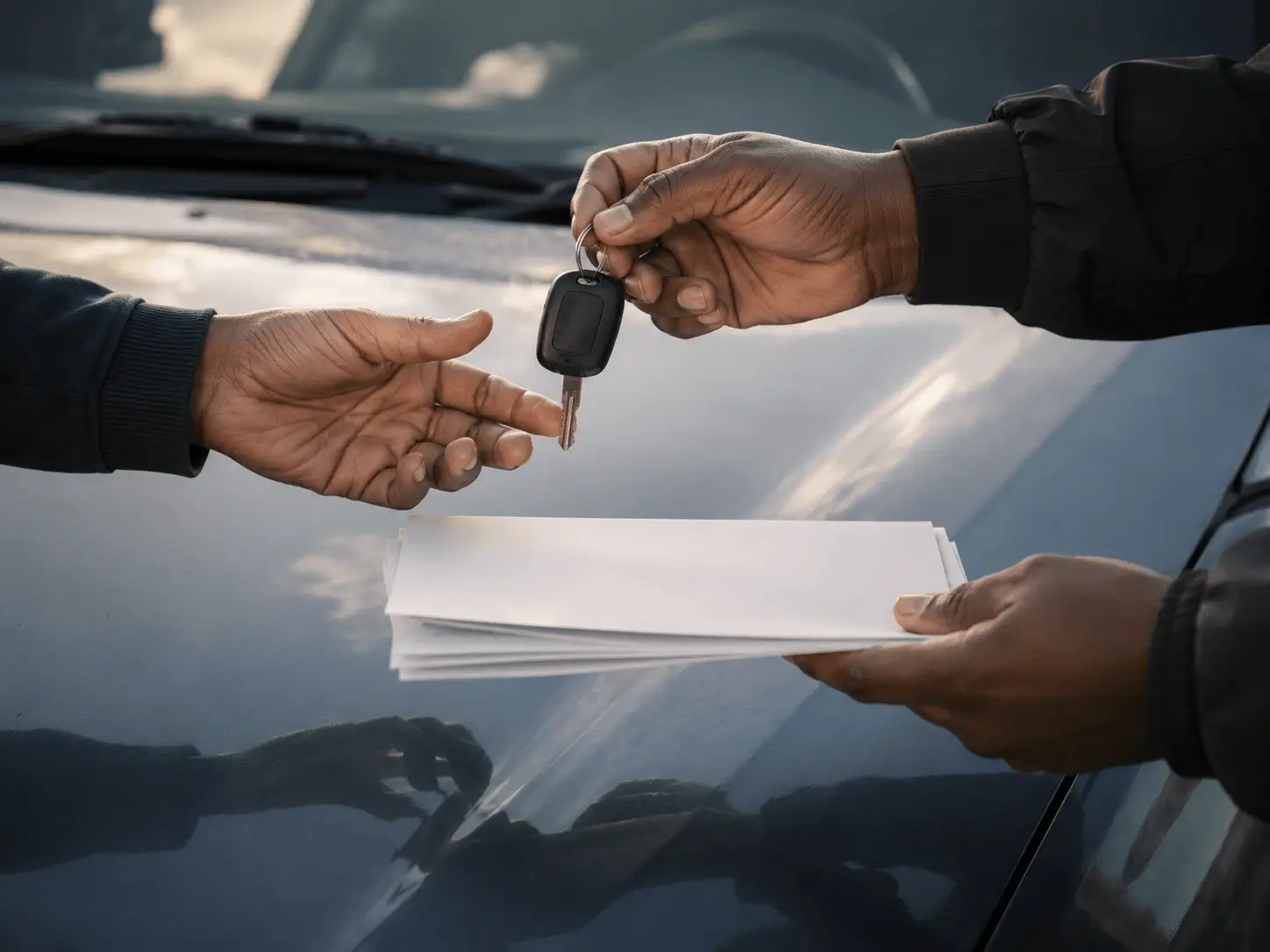 Two sets of hands exchanging car keys and documents over a car bonnet