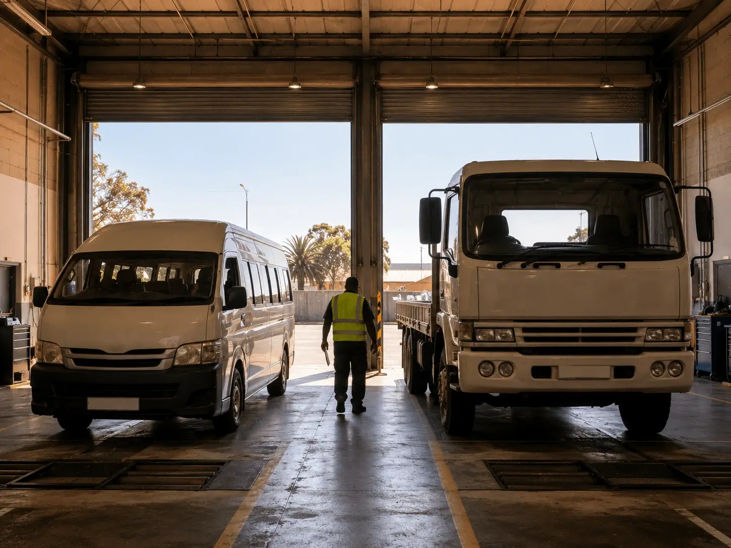 A minibus taxi and a truck waiting in a commercial inspection bay for their annual fitness test