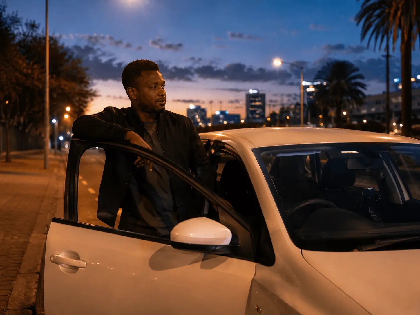 A rideshare driver beside a clean compact hatchback on a city street at dusk