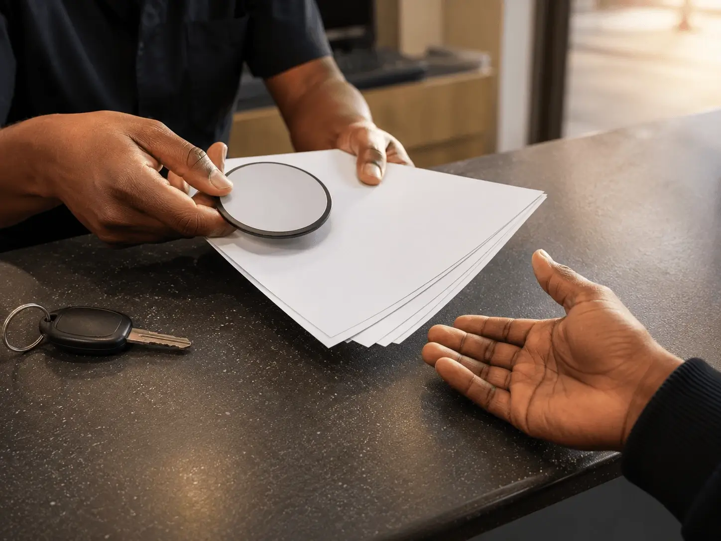 A new licence disc and completed paperwork handed across a service counter