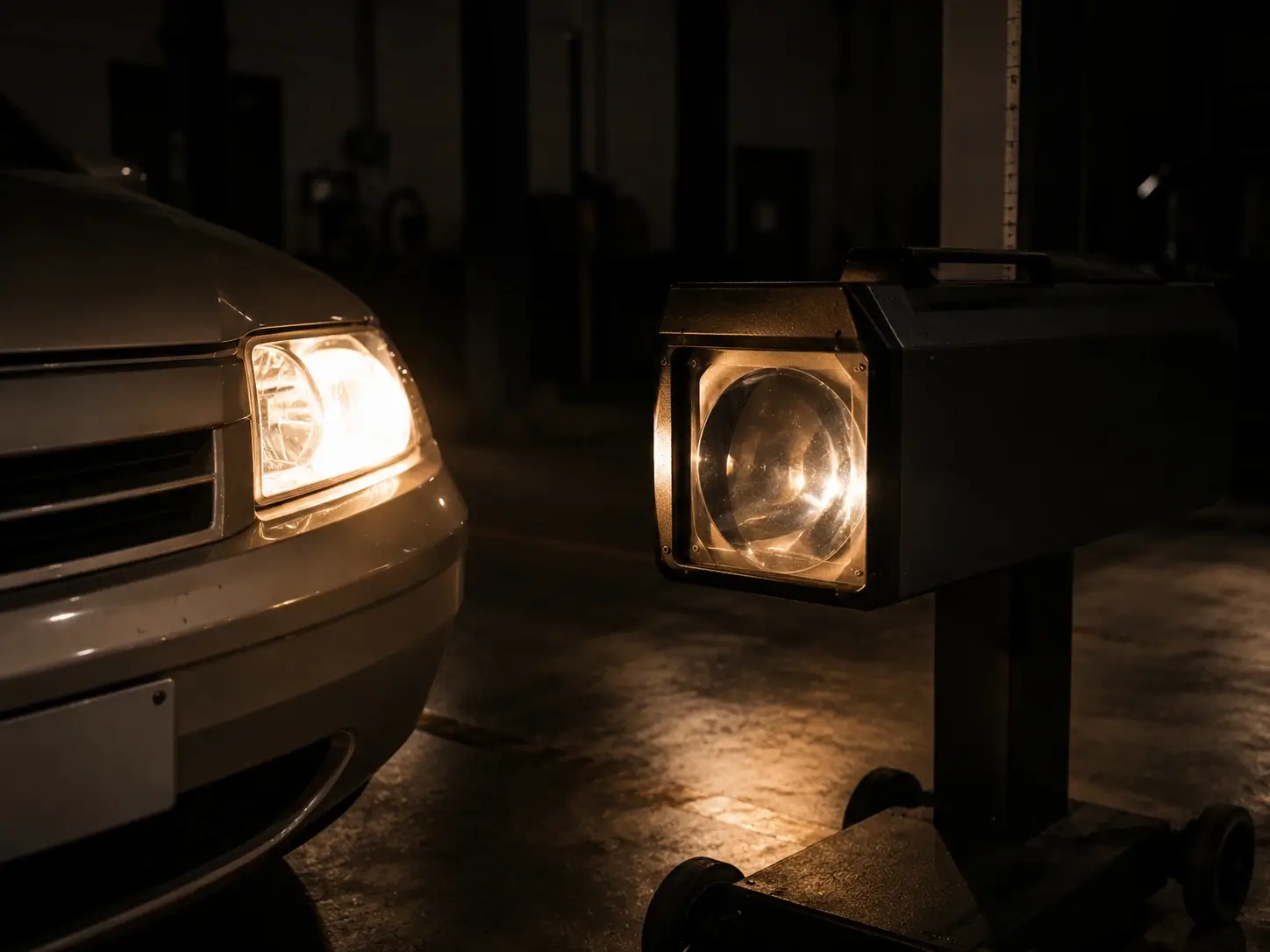 A headlamp beam tester positioned in front of a car headlight in a darkened workshop