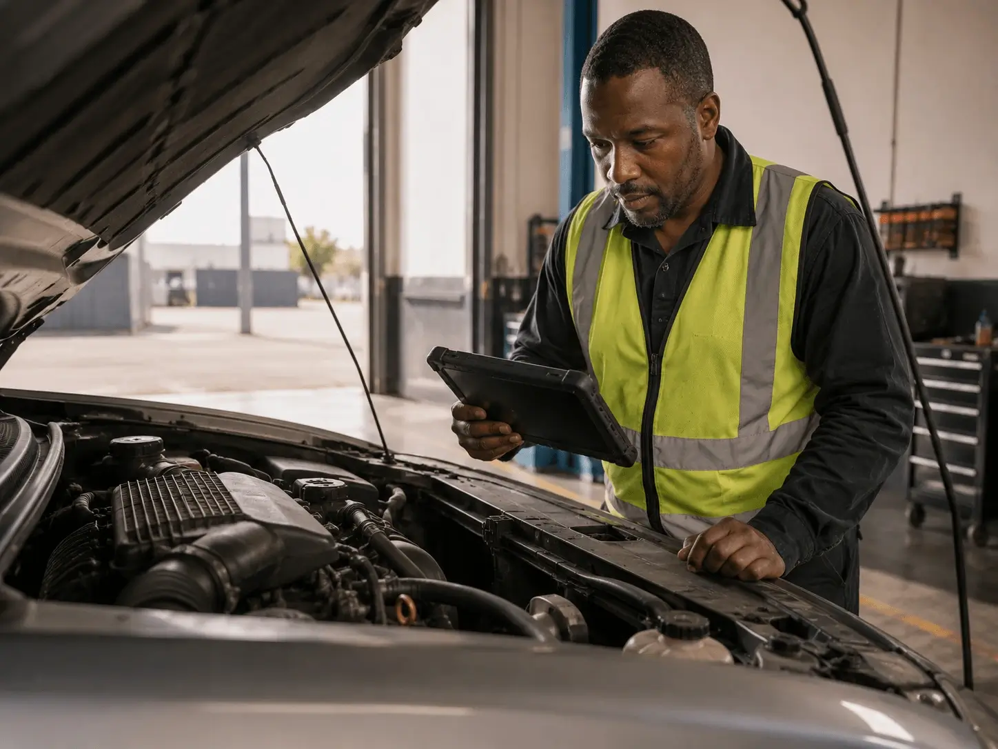 Technician working through a tablet checklist beside an open vehicle bonnet
