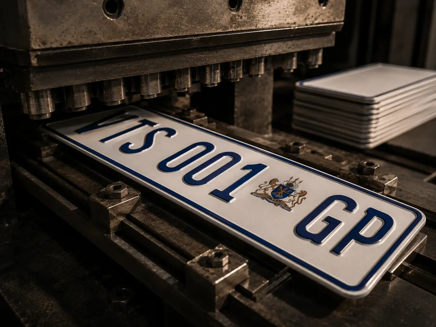 Close-up of a number plate press mid-stamp, fresh characters catching the light