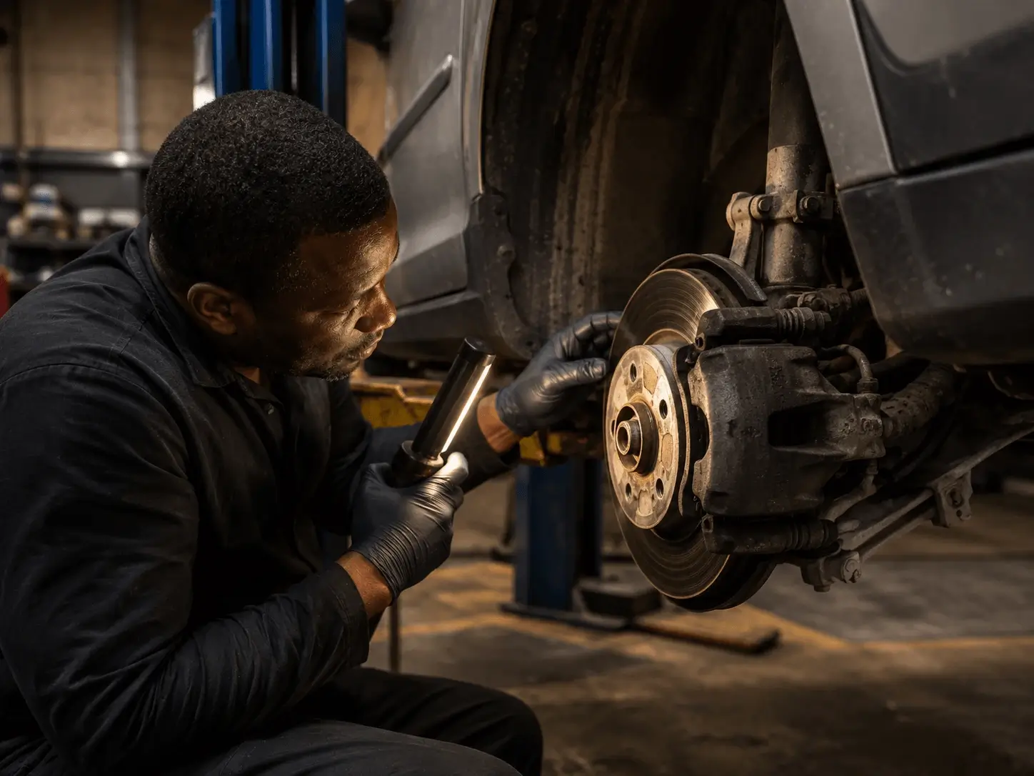 Technician crouched beside a lift, inspecting brake components on a vehicle undergoing a roadworthy test