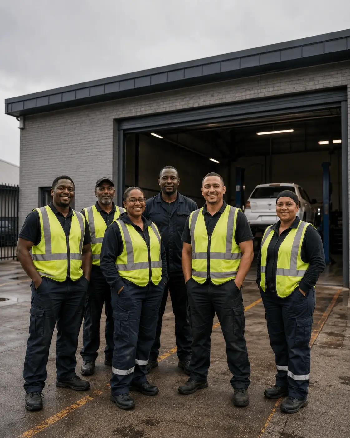 Portrait of the VTest team on the forecourt outside a testing station, shot in daylight